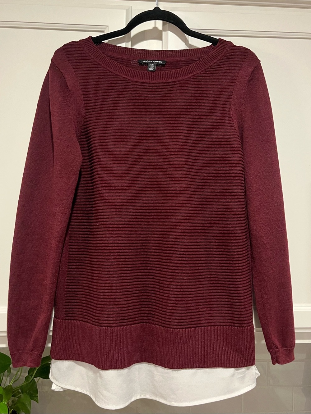 Hilary Radley Ribbed Crewneck Sweater - Burgundy with White Hem